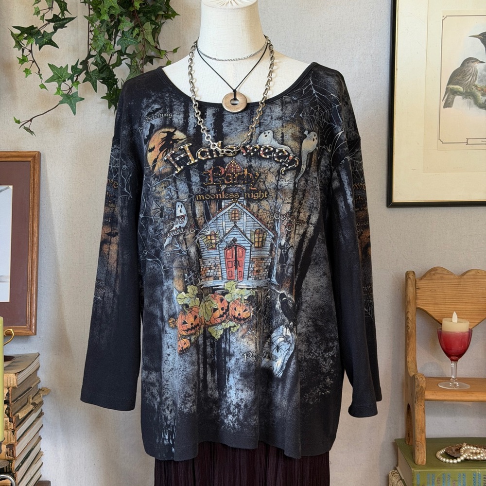 Black Graphic Ribbed Top Halloween Whimsygoth Goth 3X Sparkly Oversized AOP